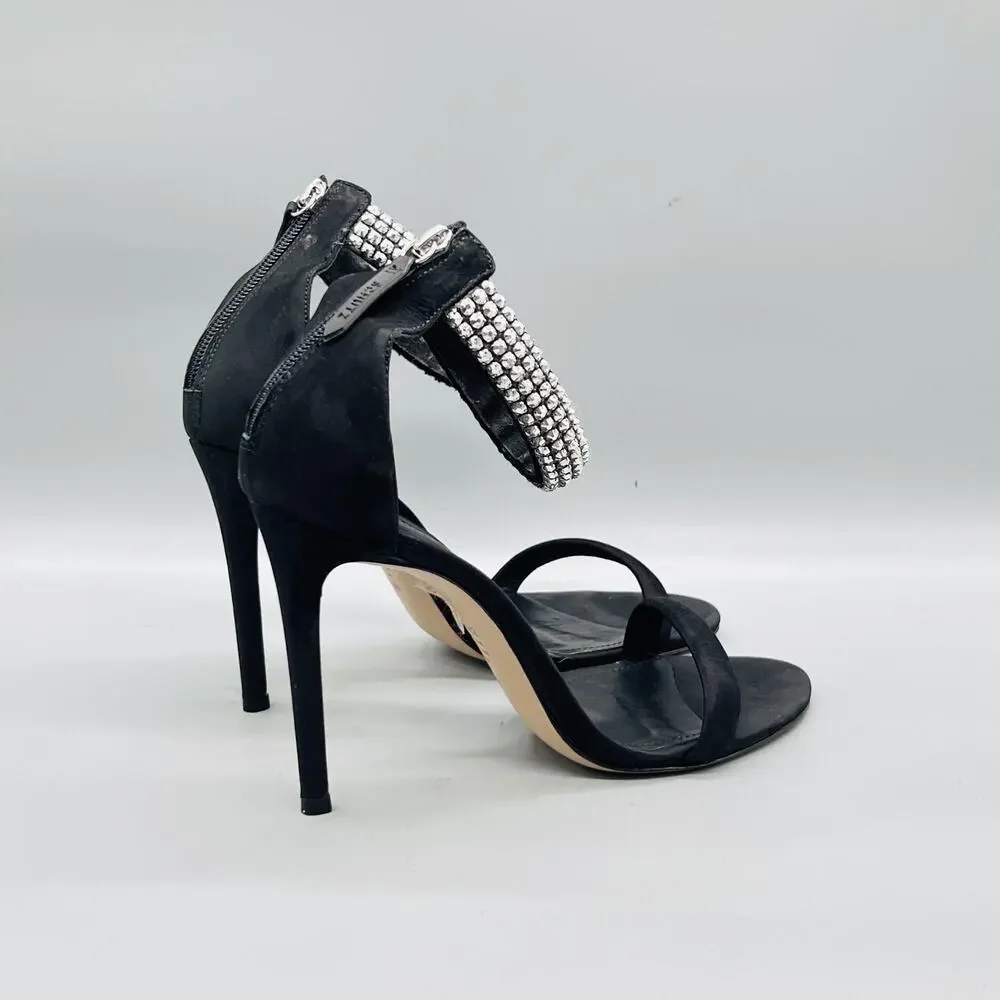 Schutz Sandals Womens 10 Black Suede Rhinestone Ankle Strap Zip Stiletto Shoes